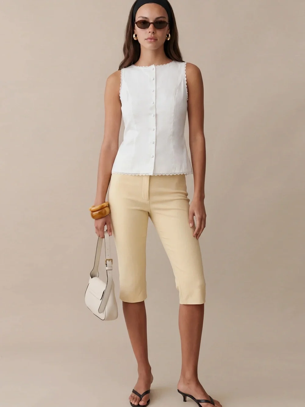 Sleeveless White Button-Front Top with Lace Trim - Picture 3 of 12